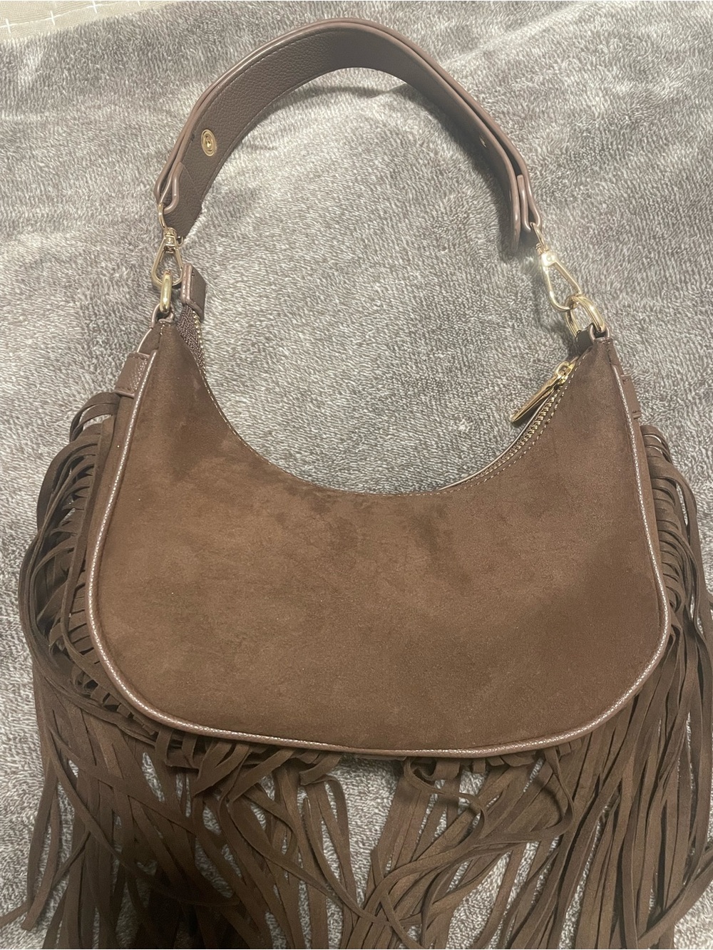 Fringed Shoulder Hobo Bag in Dark Brown - Picture 2 of 6